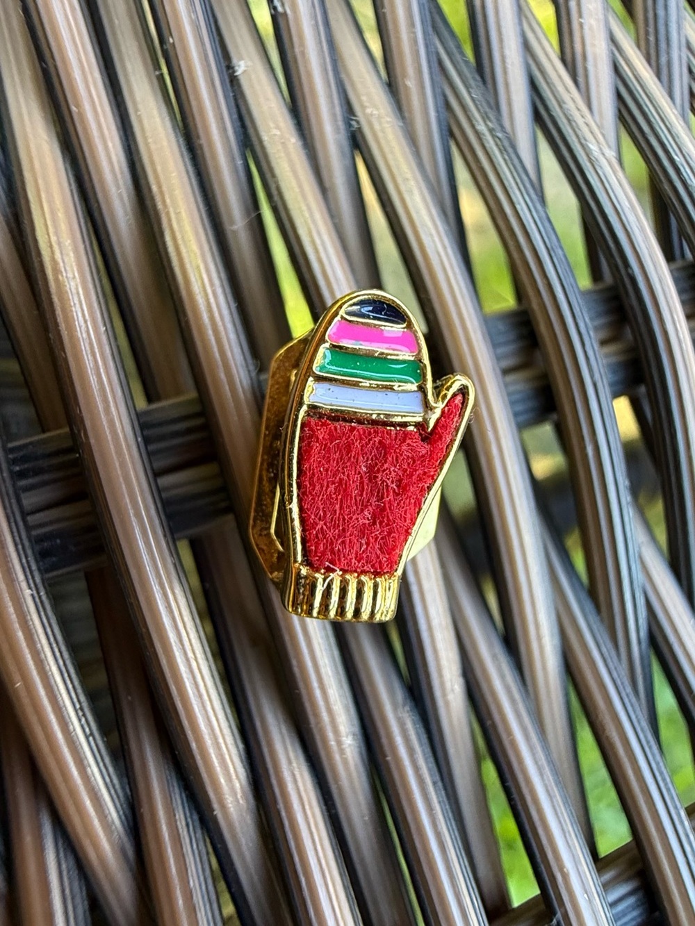 Keep Collective Gold-Tone Red Enamel Mitten Pin with Multicolor Stripes